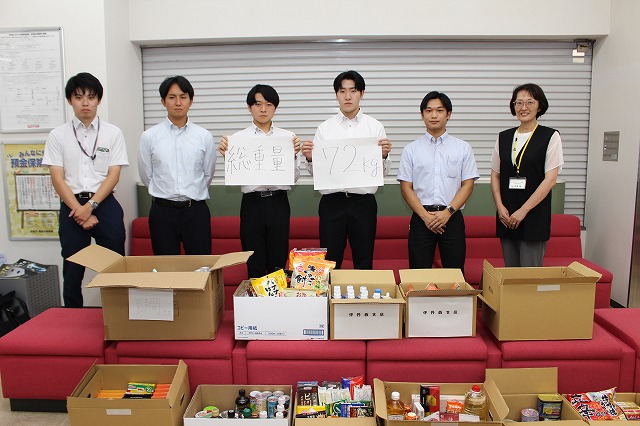 集まった食料品を前に撮影