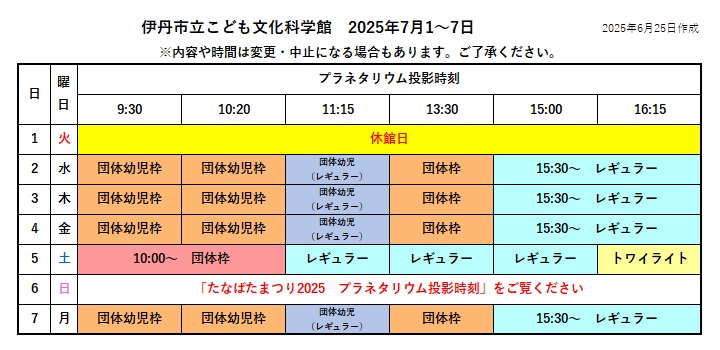 2025年7月1~7日の投影カレンダー