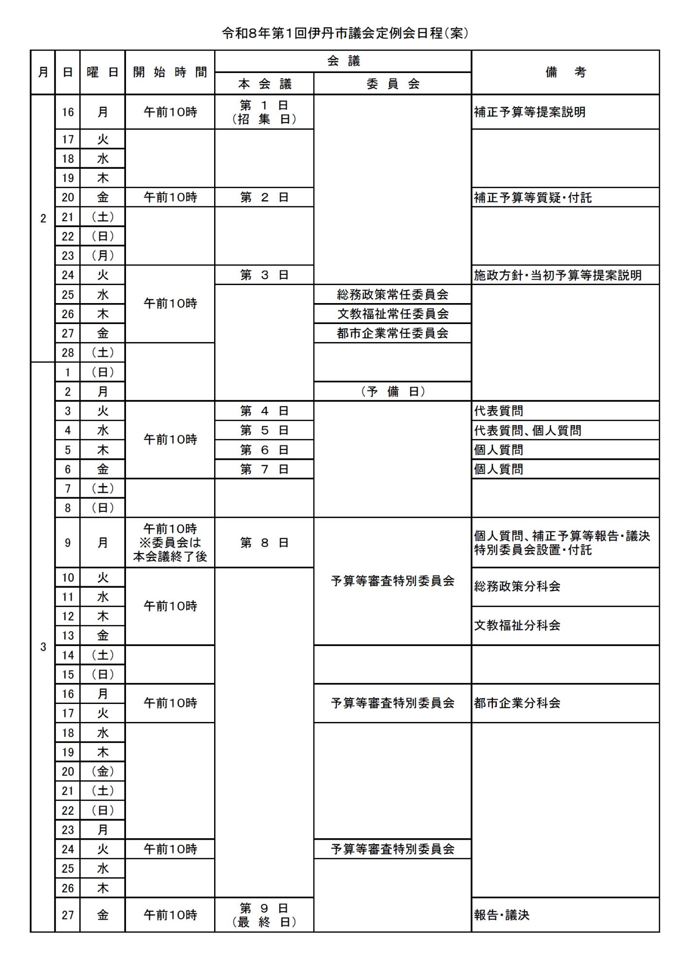 令和8年第1回伊丹市議会定例会日程(案)