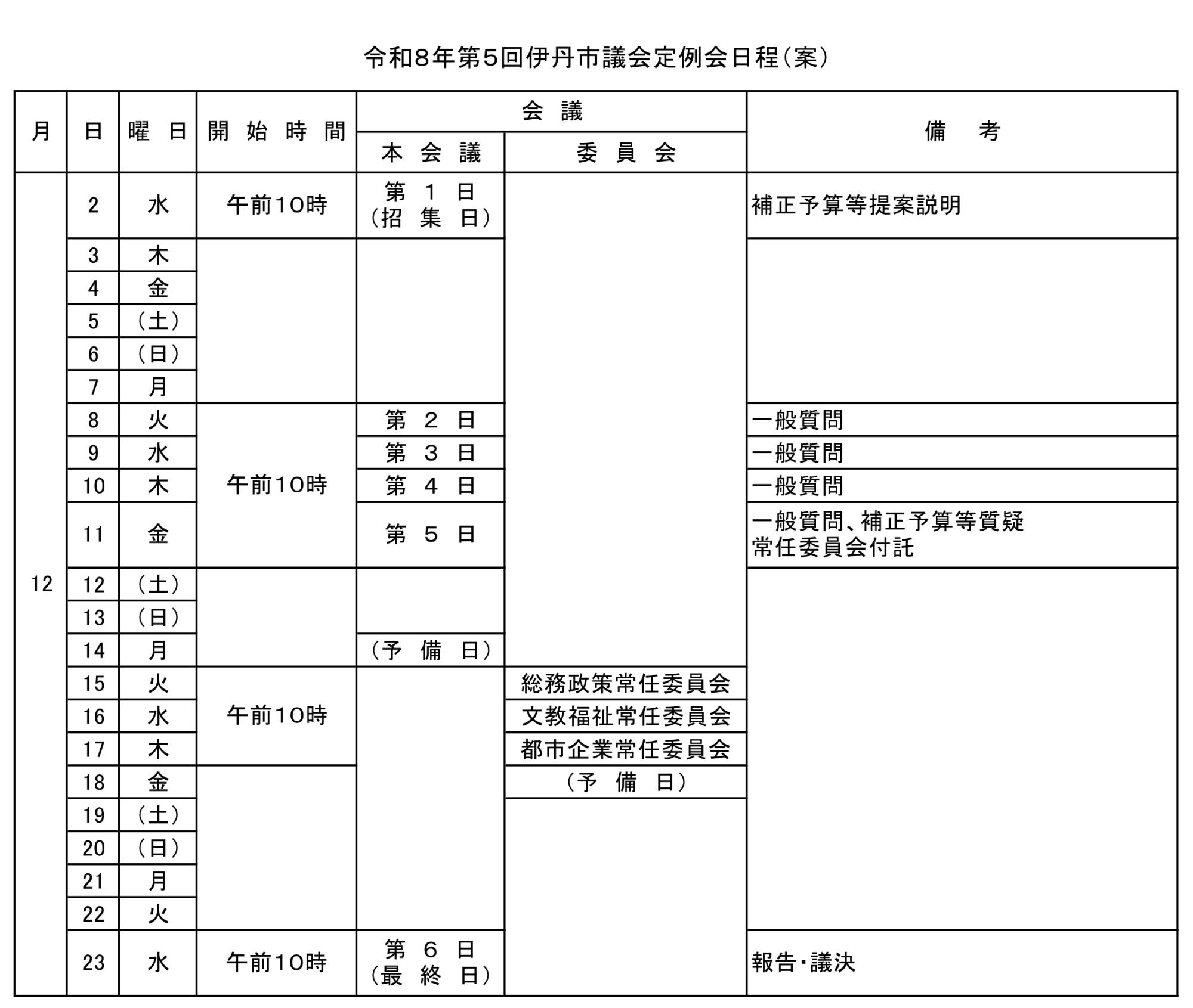 令和8年第5回伊丹市議会定例会日程(案)