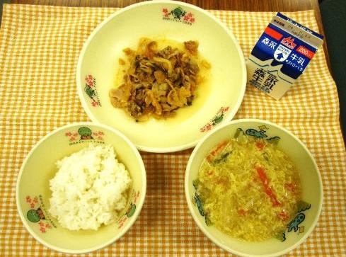 ゴーヤいりぶたキムチ、ちゅうかふうたまごすーぷ、ごはん、ぎゅうにゅう
