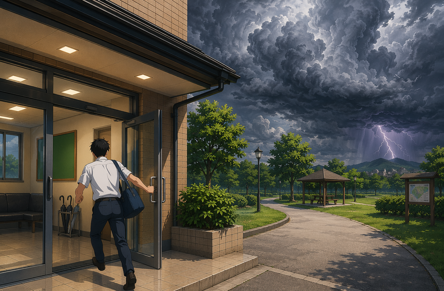 雷を伴う積乱雲から逃げる図