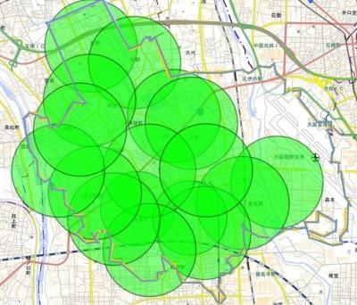 小学校を中心に半径1キロメートルを塗りつぶした図