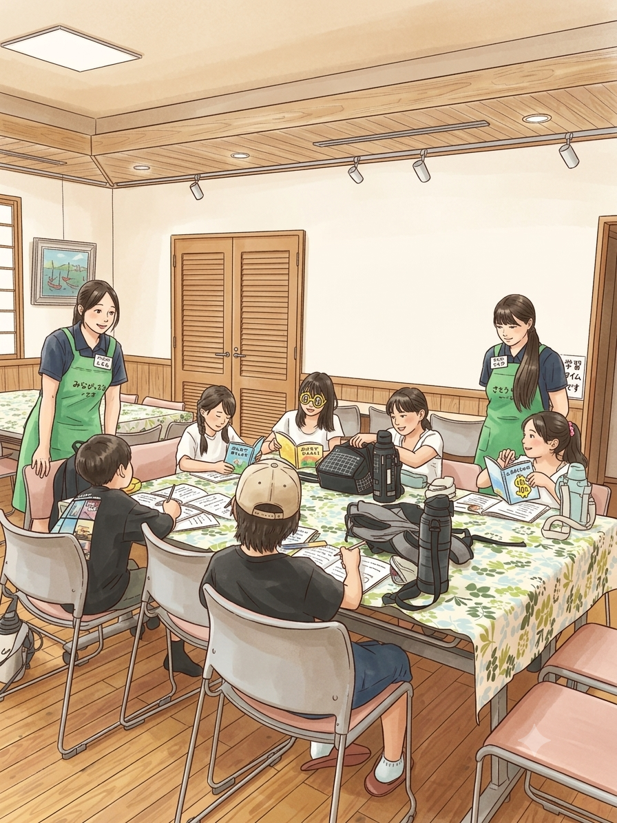 高校生に宿題をみてもらう子どもたちの様子