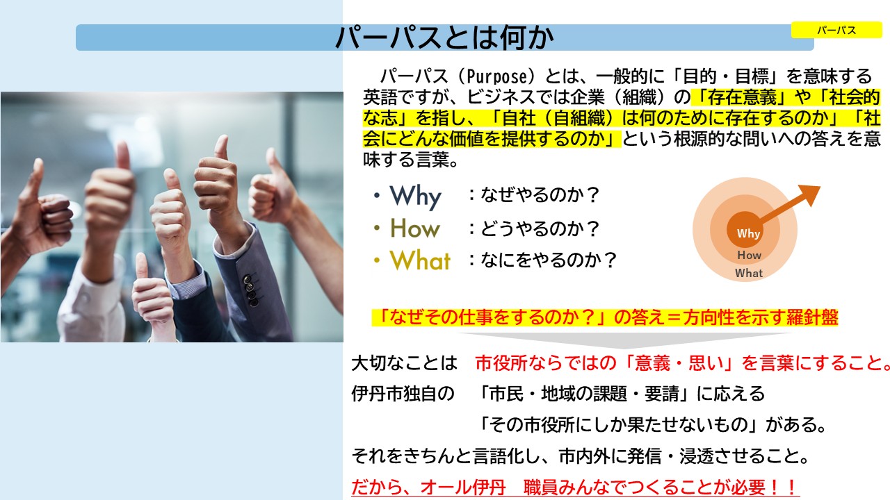 パーパスとは一般的に「目的・目標」を意味する英語ですが、ビジネスでは企業（組織）の「存在意義」や「社会的な志」を指し、「自社（自組織）は何のために存在するのか」「社会にどんな価値を提供するのか」という根源的な問いへの答えを意味する言葉。大切なことは市役所ならではの「意義・思い」を言葉にすること。伊丹市独自の「市民・地域の課題・要請」に応える「市役所にしか果たせないもの」がある。それをきちんと言語化し、市内外に発信・浸透させること。だからオール伊丹職員みんなでつくることが必要。