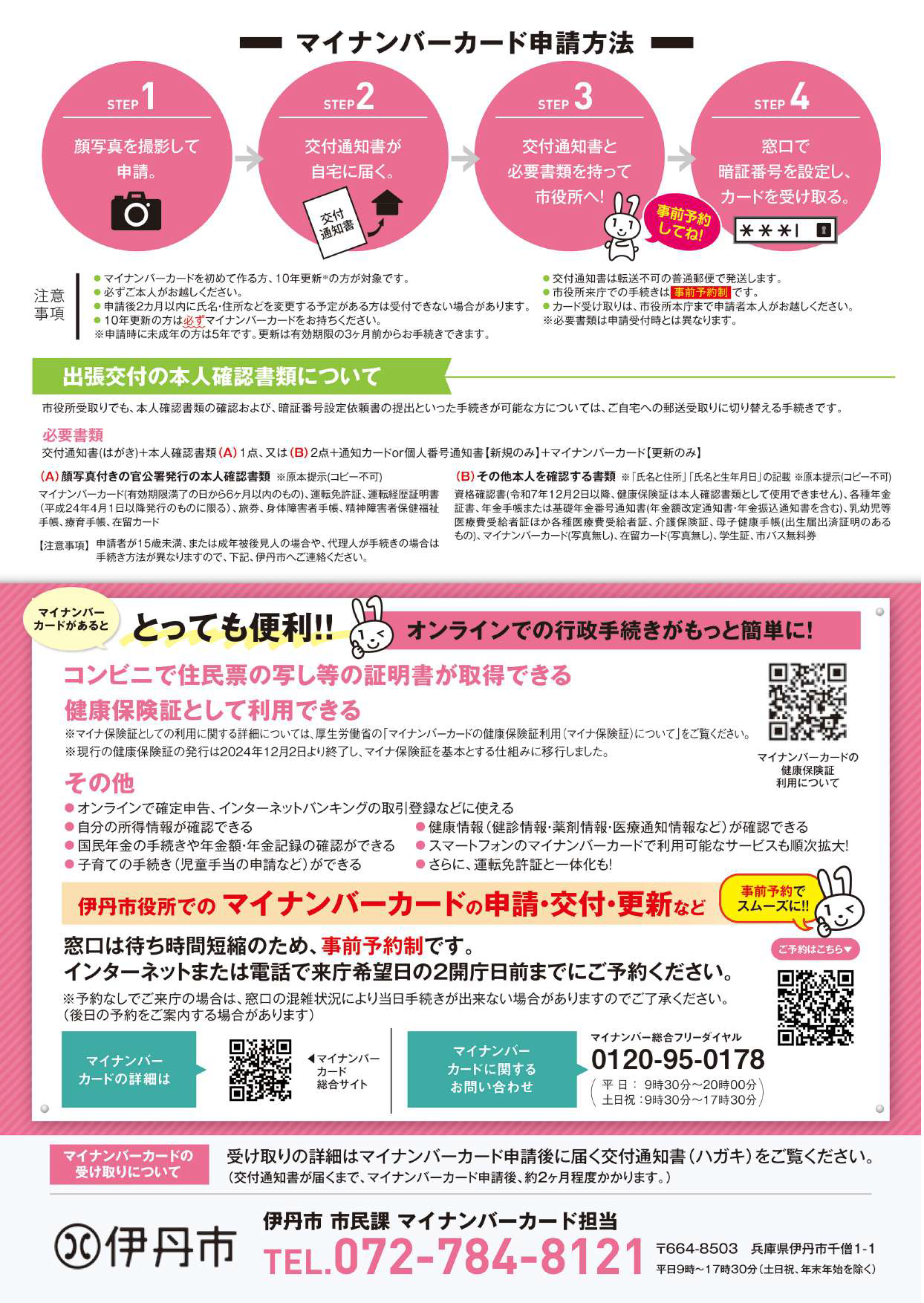 2026年3月と4月のマイナンバーカード出張申請の日程を掲載したチラシの裏面です。申請方法やマイナンバーカードでできる手続きを説明しています。