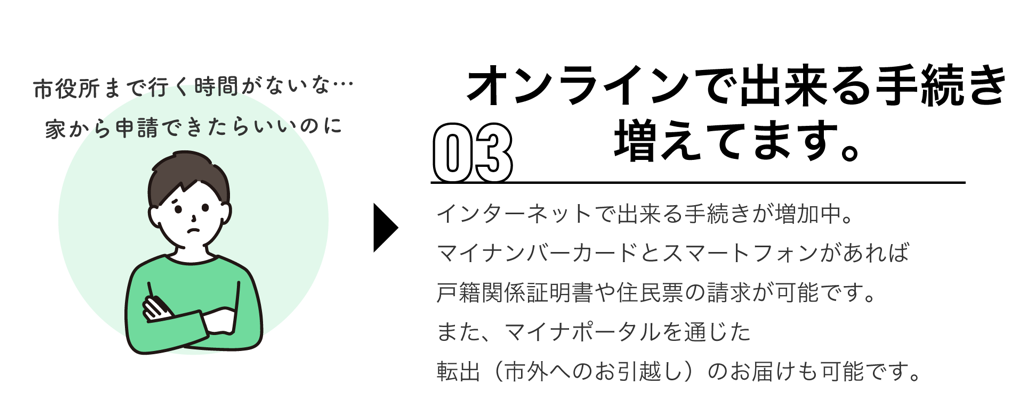 オンラインで出来る手続きが増えています。マイナンバーカードがあれば、市外へのお引越しである転出のお届けと、戸籍関係証明書や住民票の請求がスマートフォンで出来ます。