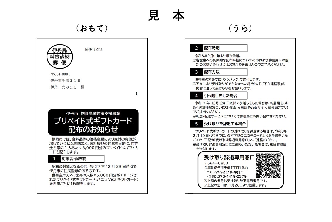 プリペイド式ギフトカード配布のおしらせのはがき
