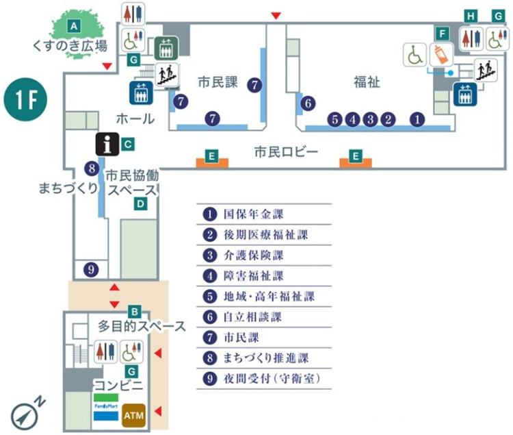 伊丹市役所1階のフロア図（国保年金課、後期医療福祉課、介護保険課、障害福祉課、地域・後年福祉課、自立相談課、市民課、まちづくり推進課、夜間受付）