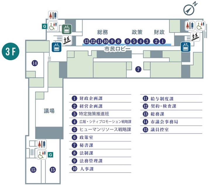 伊丹市役所3階のフロア図（財政企画課、経営企画課、特定施策推進班、広報・シティプロモーション戦略課、ヒューマンリソース戦略課、政策室、秘書課、法制課、法務管理課、人事課、給与制度課、契約・検査課、総務課、市議会事務局、議員控室）