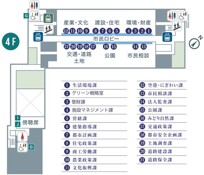 伊丹市役所4階のフロア図（生活環境課、グリーン戦略室、管財課、施設マネジメント課、営繕課、建築指導課、都市計画課、住宅政策課、商工労働課、農業政策課、文化振興課、空港・にぎわい課、市民相談課、法人監査課、公園課、みどり自然課、交通政策課、都市安全企画課、土地調査課、道路建設課、道路保全課）