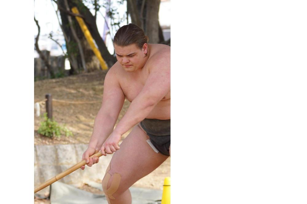 秀ノ山部屋の力士が草莽場を掃除する姿