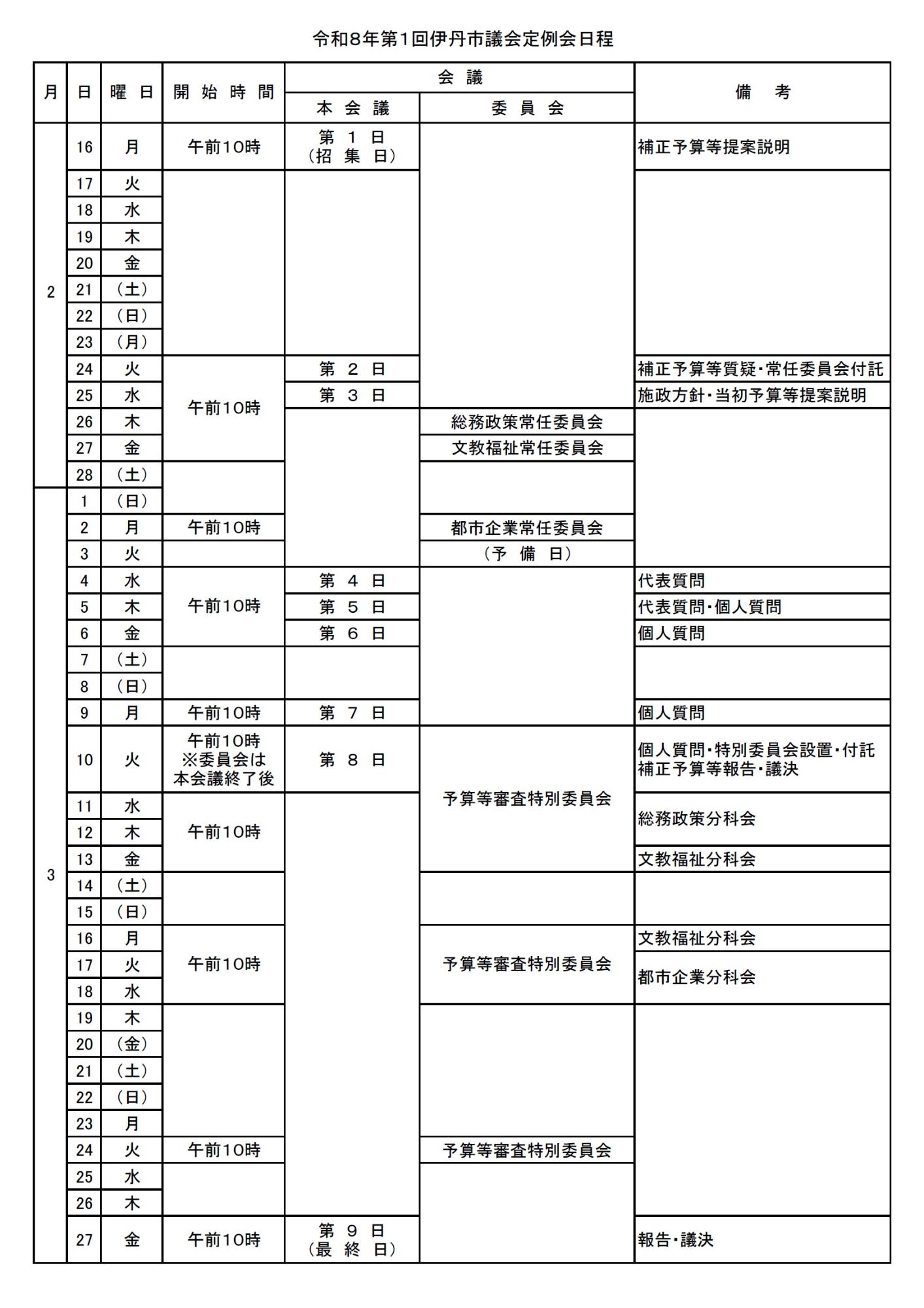 令和８年第１回伊丹市議会定例会日程