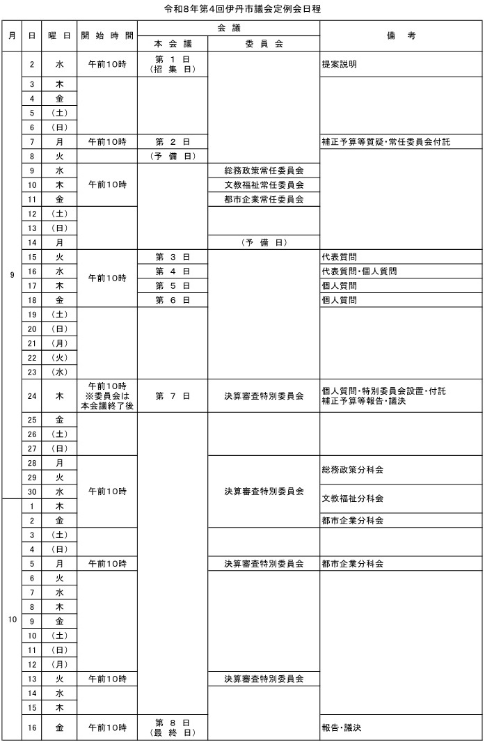 令和8年第4回伊丹市議会定例会日程