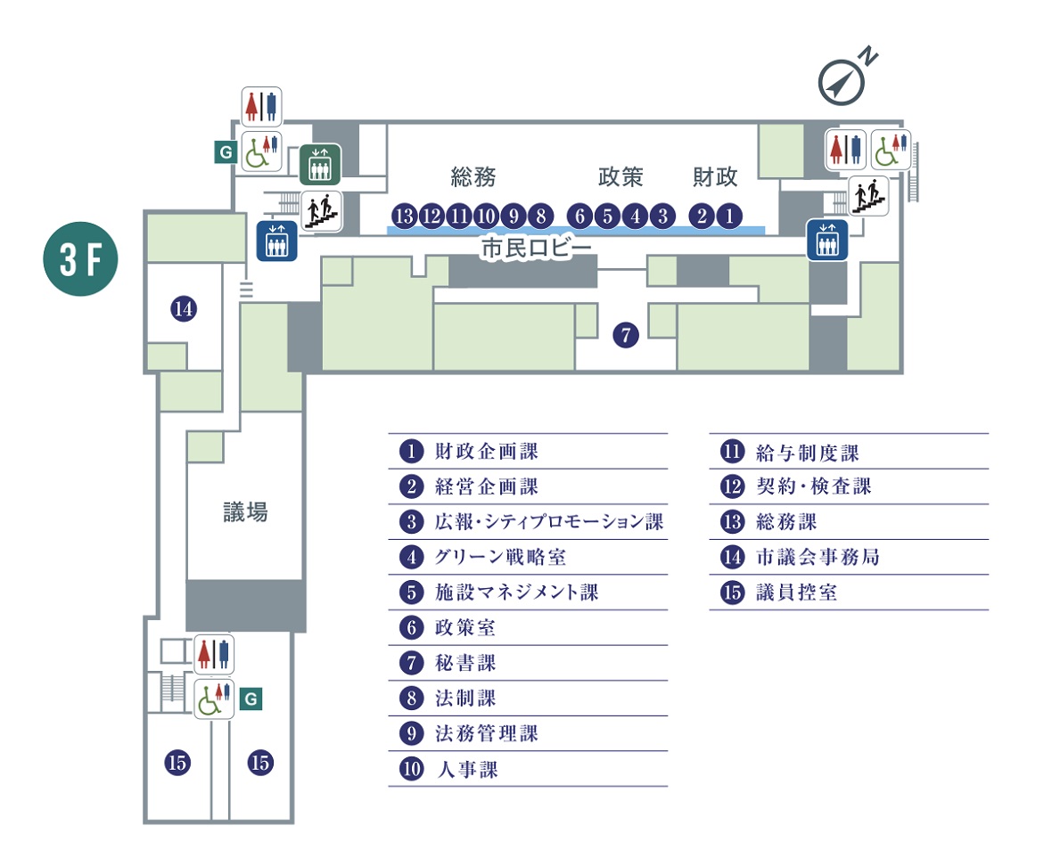 伊丹市役所3階のフロア図（財政企画課、経営企画課、広報・シティプロモーション課、グリーン戦略室、施設マネジメント課、政策室、秘書課、法制課、法務管理課、契約・検査課、人事課、給与制度課、総務課、市議会事務局、議員控室）