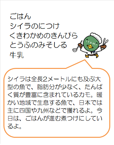 ごはんとシイラの煮つけと茎若芽の金平と豆腐の味噌汁